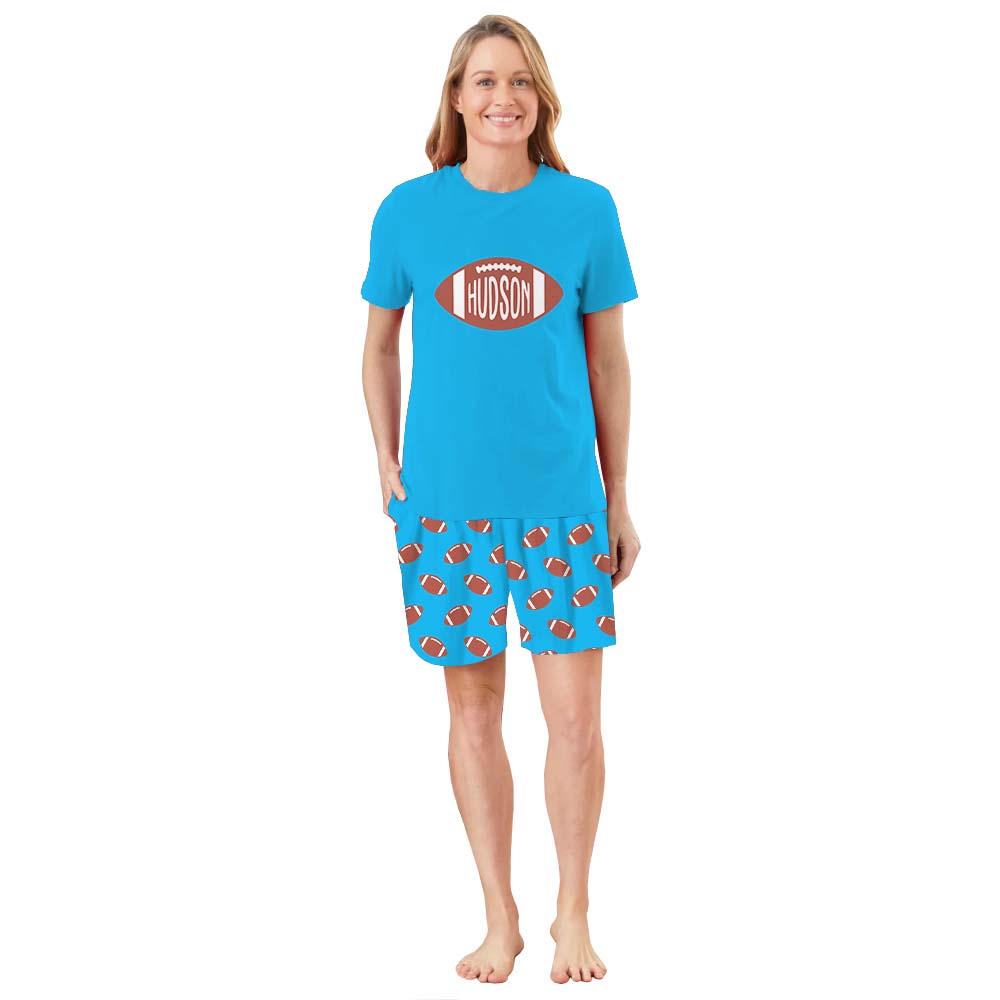 Customized Football Jammies Matching Short Sleeves Blue Customized Football Jammies Matching Short Sleeves Blue