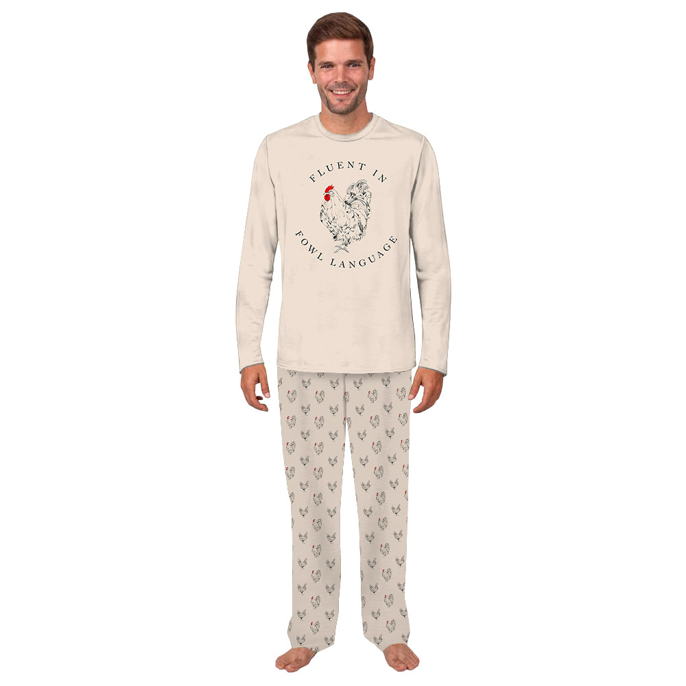 Chicken Print On Pajama Sets Saying Fluent In Fowl Language Beige Chicken Print On Pajama Sets Saying Fluent In Fowl Language Beige