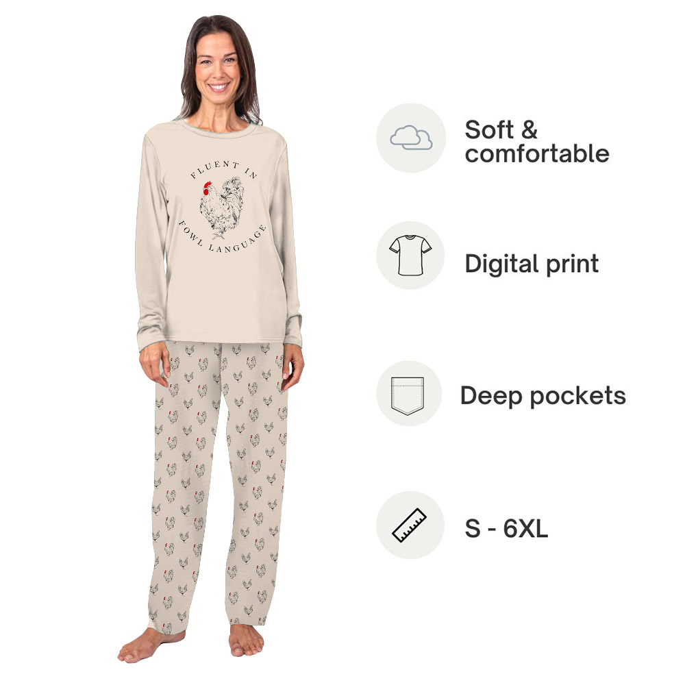 Chicken Print On Pajama Sets Saying Fluent In Fowl Language Beige Chicken Print On Pajama Sets Saying Fluent In Fowl Language Beige