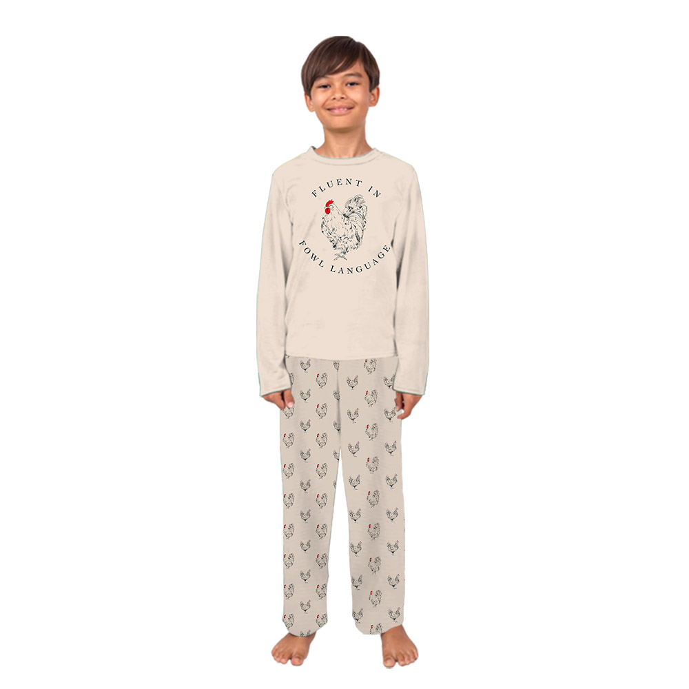 Chicken Print On Pajama Sets Saying Fluent In Fowl Language Beige Chicken Print On Pajama Sets Saying Fluent In Fowl Language Beige