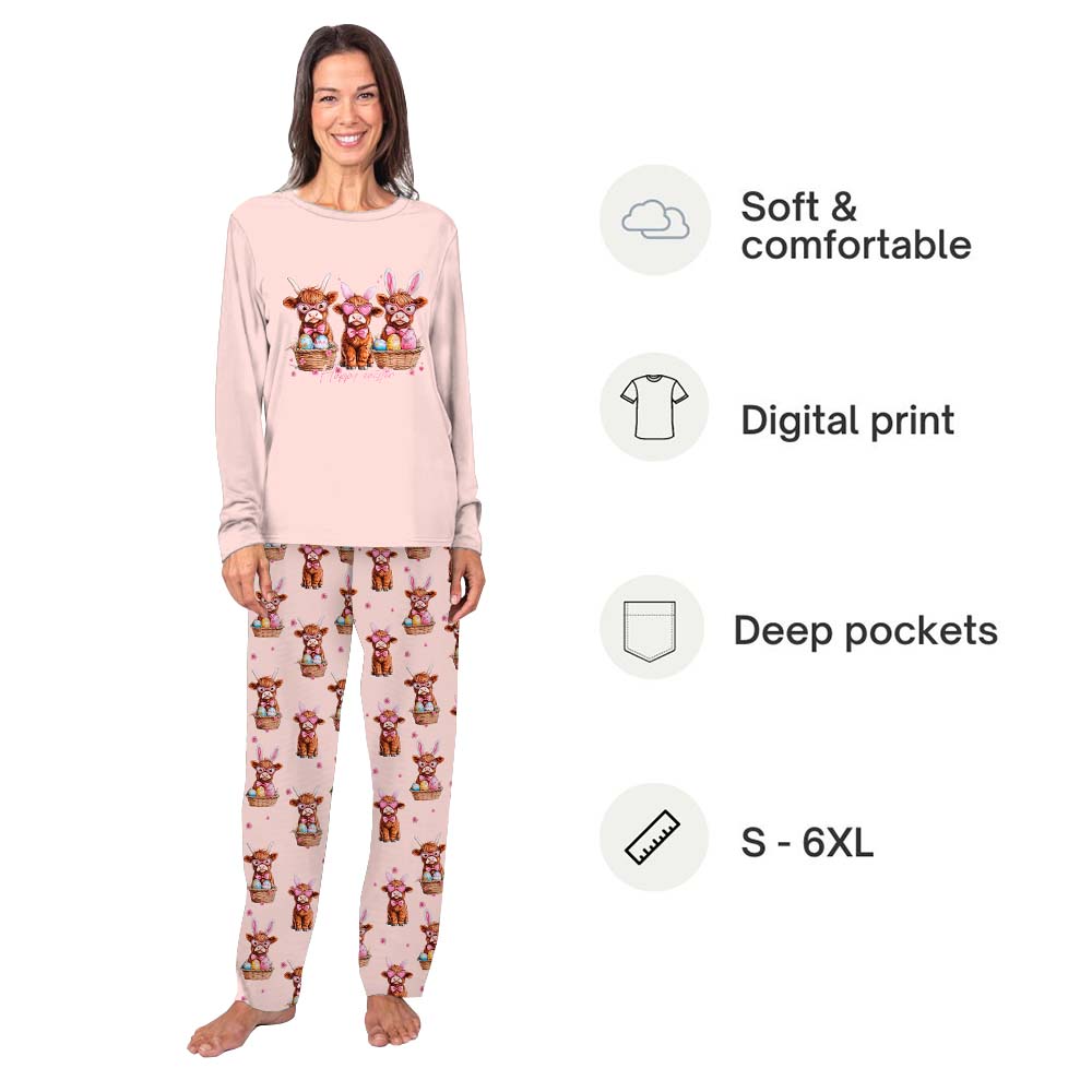 Cute Highland Cow Plus Size Easter Pajamas For Adults