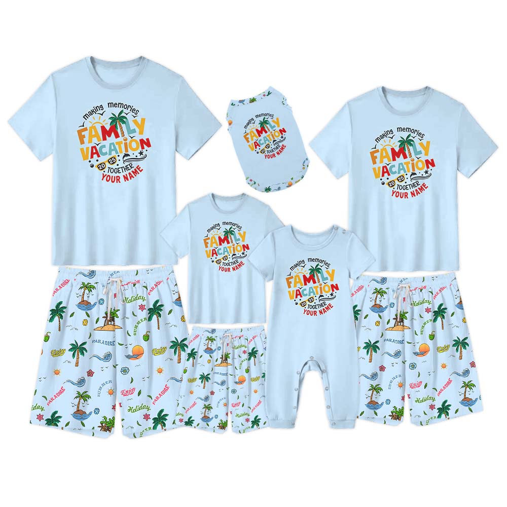Personalized Family Vacation 2025 Short Sleeve Matching Holiday Pajamas Blue Personalized Family Vacation 2025 Short Sleeve Matching Holiday Pajamas Blue