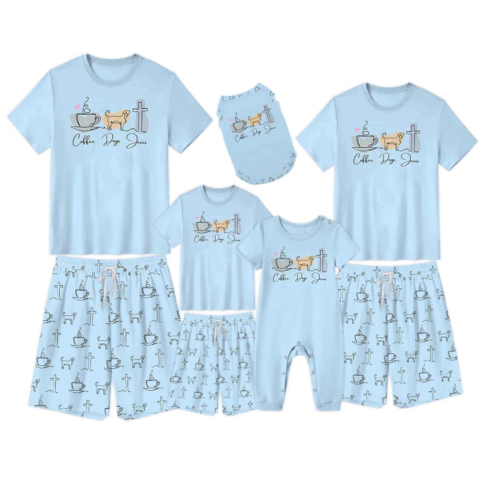 Coffee Dog Jesus Pajamas For Family Short Sleeves Coffee Dog Jesus Pajamas For Family Short Sleeves
