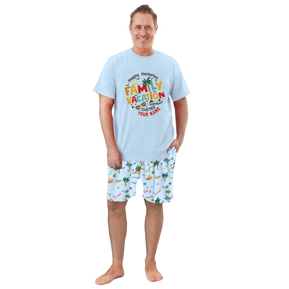 Personalized Family Vacation 2025 Short Sleeve Matching Holiday Pajamas Blue Personalized Family Vacation 2025 Short Sleeve Matching Holiday Pajamas Blue