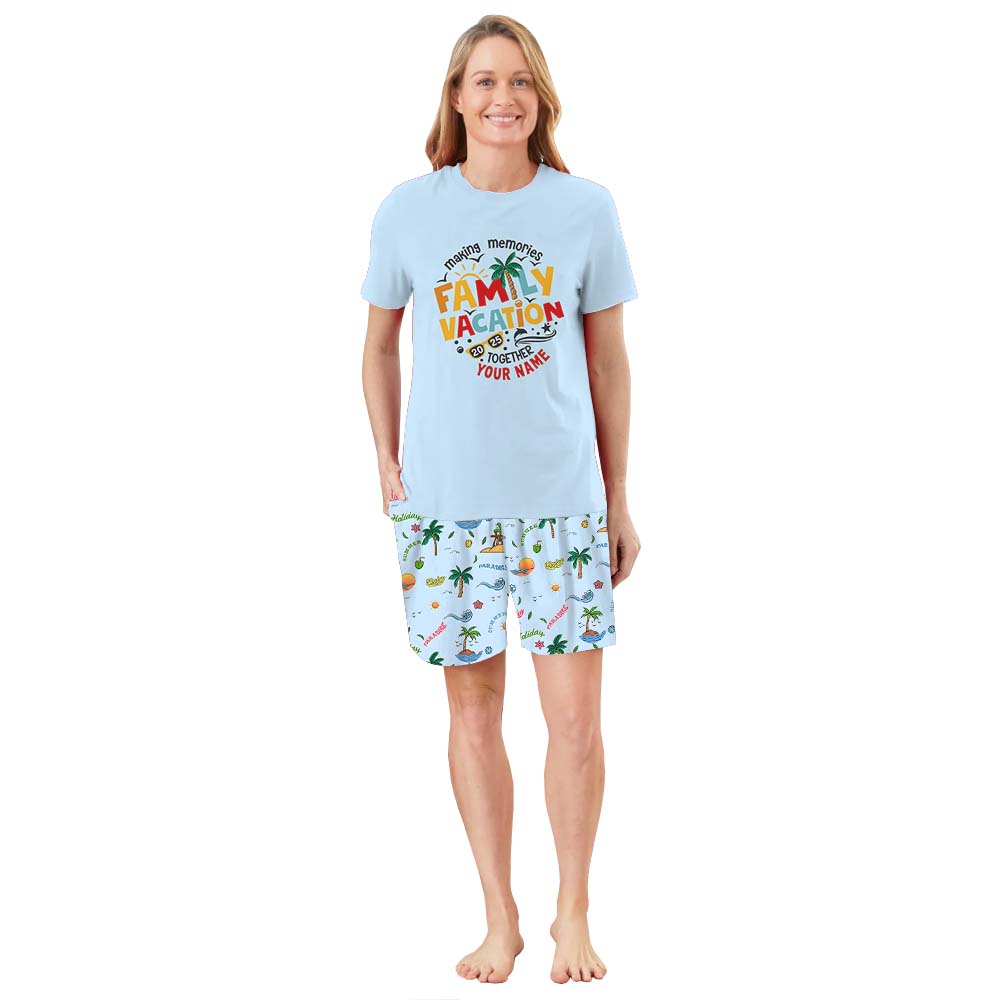 Personalized Family Vacation 2025 Short Sleeve Matching Holiday Pajamas Blue Personalized Family Vacation 2025 Short Sleeve Matching Holiday Pajamas Blue