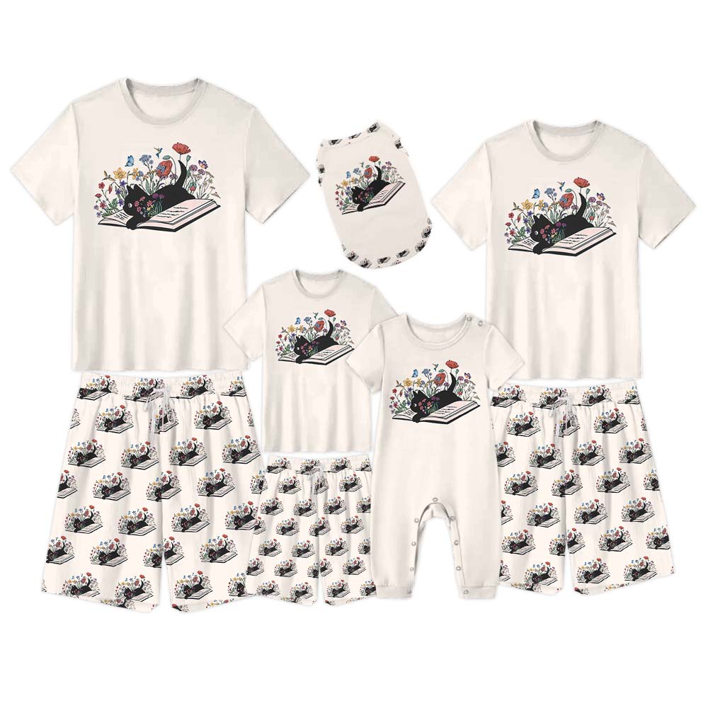 Floral Cat Short Sleeve Matching Pajamas
