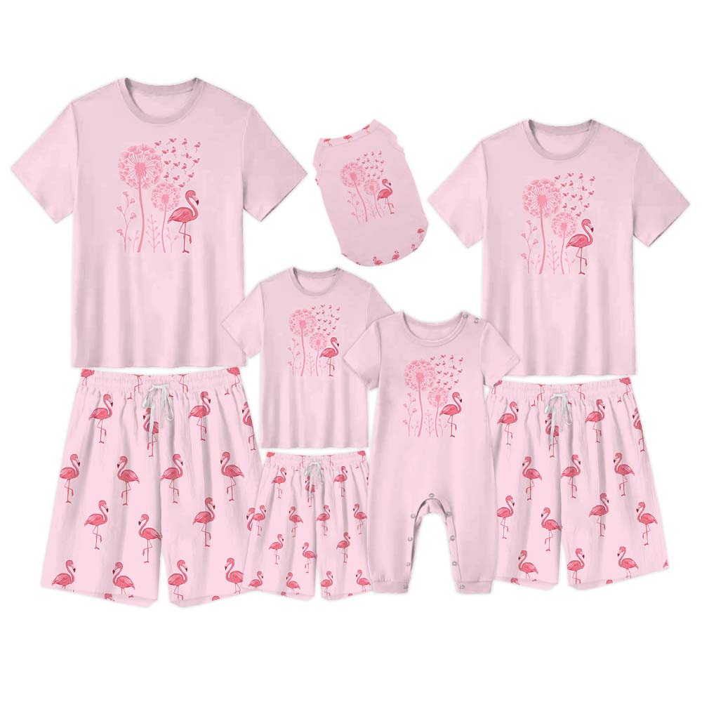 Pink Flamingo Family Matching Pajamas With Dog Short Sleeve Pink Flamingo Family Matching Pajamas With Dog Short Sleeve
