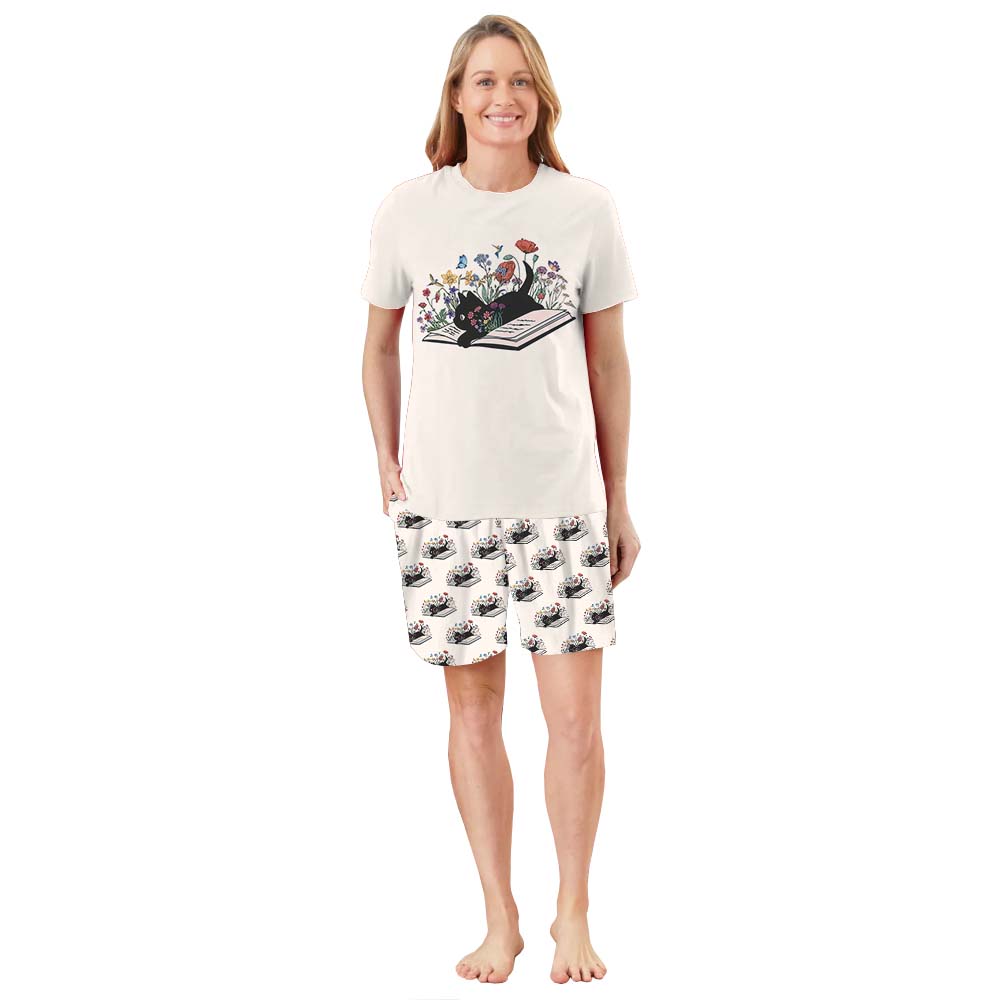 Floral Cat Short Sleeve Matching Pajamas