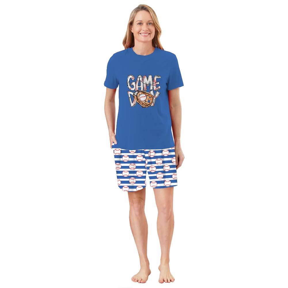 Baseball Short Sleeve Matching Holiday Pajamas Blue Baseball Short Sleeve Matching Holiday Pajamas Blue