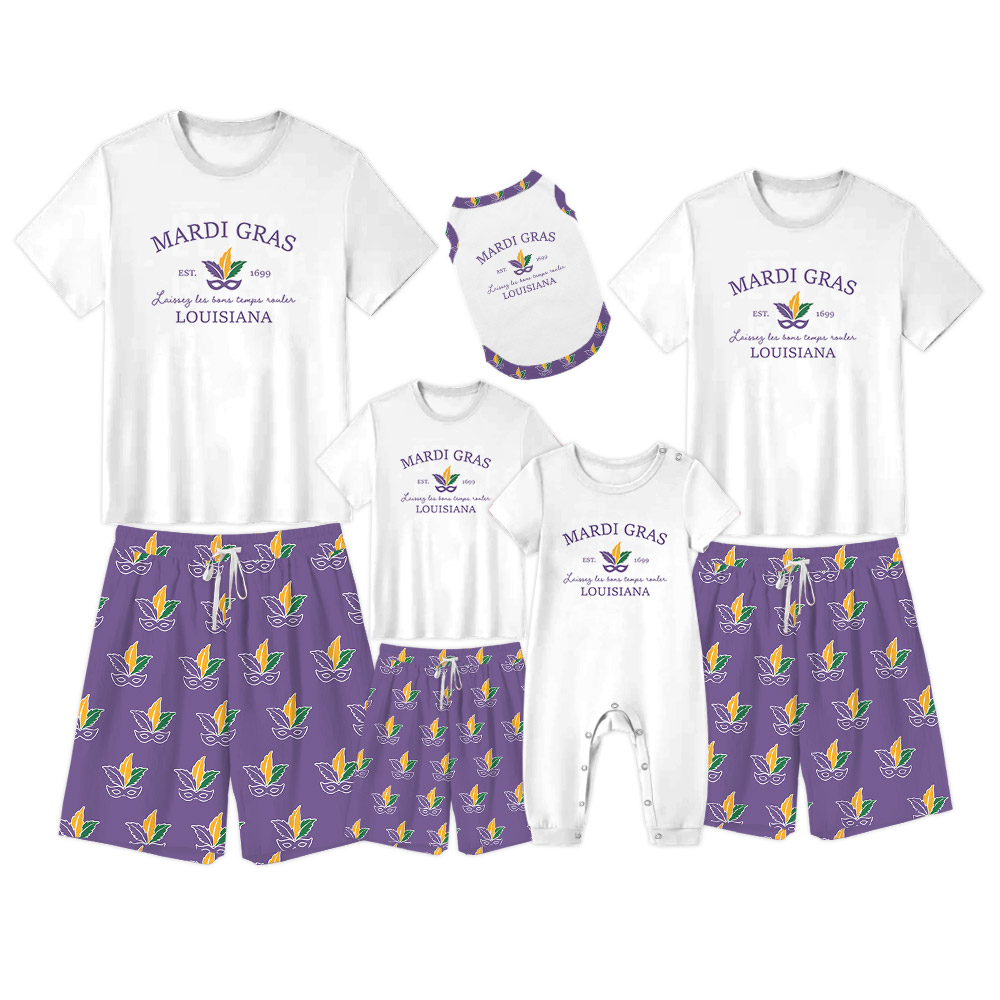 Mardi Gras Louisiana Pajamas Short Sets Purple White Mardi Gras Louisiana Pajamas Short Sets Purple White