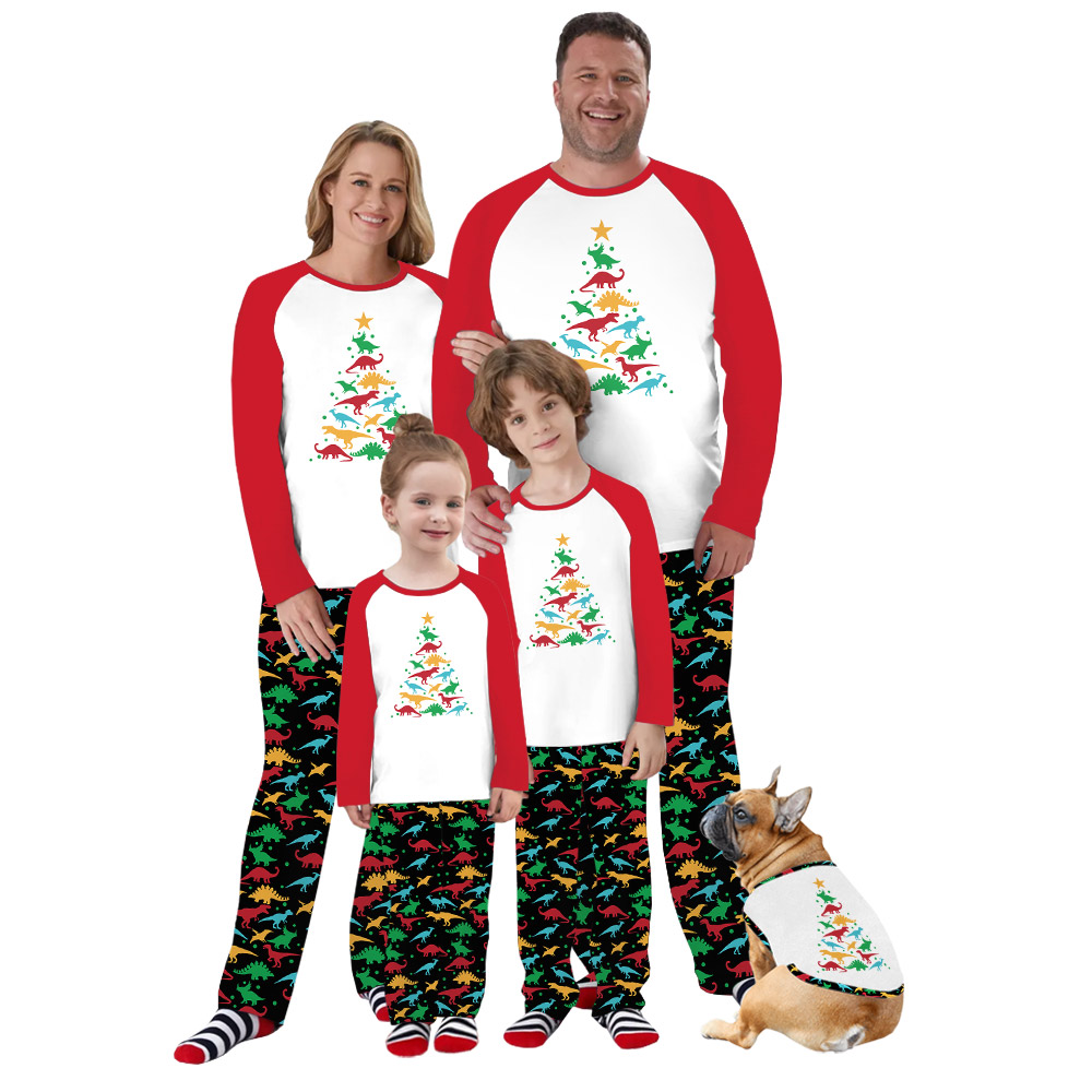 Festive Dinosaur Christmas Tree Pajamas For Family Red Black Festive Dinosaur Christmas Tree Pajamas For Family Red Black