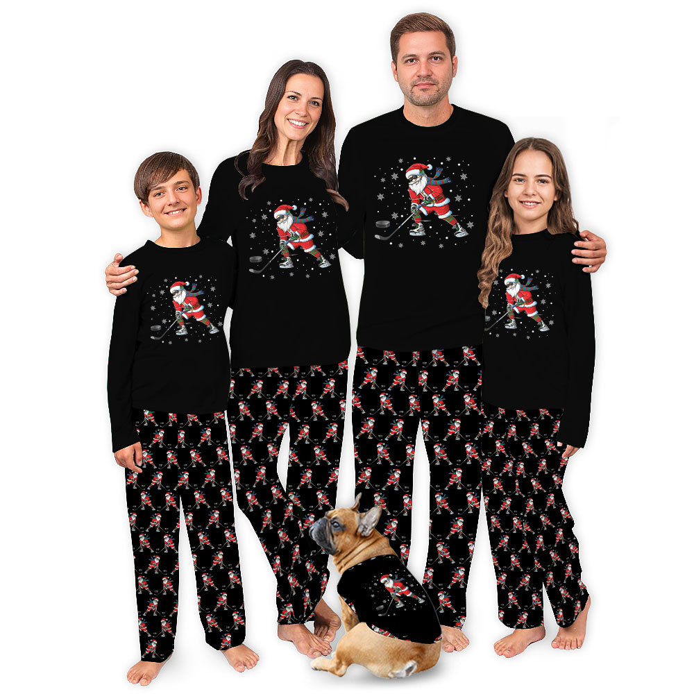 Unisex Santa Playing Hockey Christmas Pajama Sets Black Unisex Santa Playing Hockey Christmas Pajama Sets Black