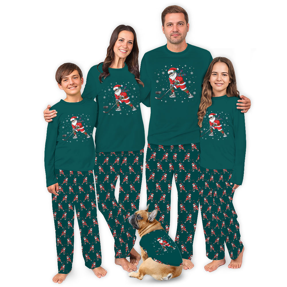 Festive Santa Playing Hockey Christmas Pajamas Green Festive Santa Playing Hockey Christmas Pajamas Green