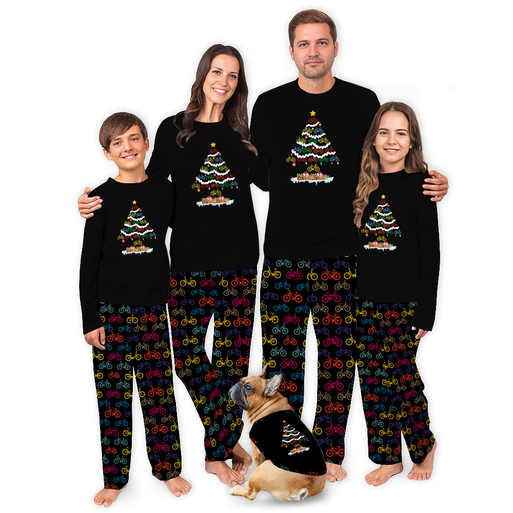 Festive Bicycle Christmas Tree Pajamas For Adults and Kids
