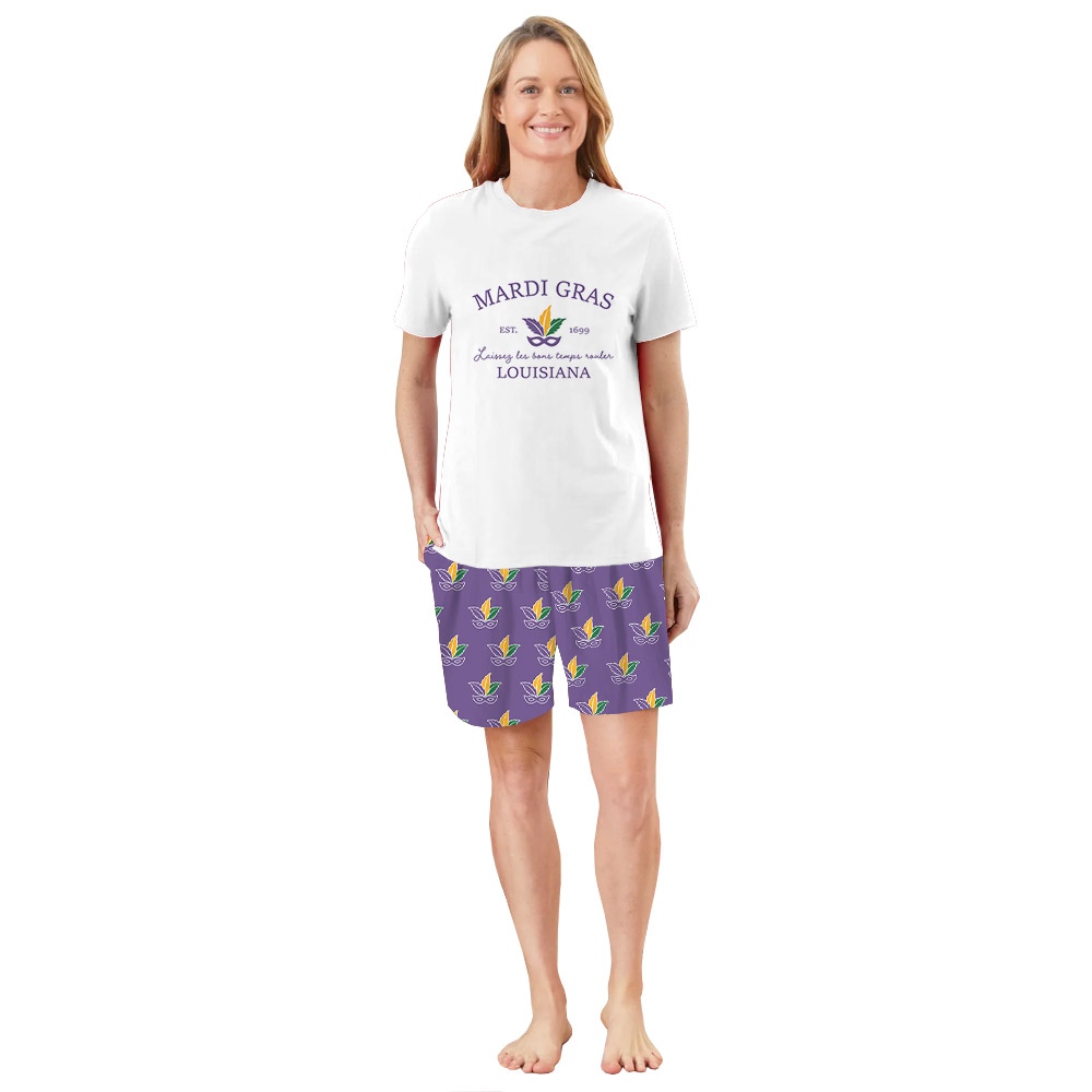 Mardi Gras Louisiana Pajamas Short Sets Purple White Mardi Gras Louisiana Pajamas Short Sets Purple White