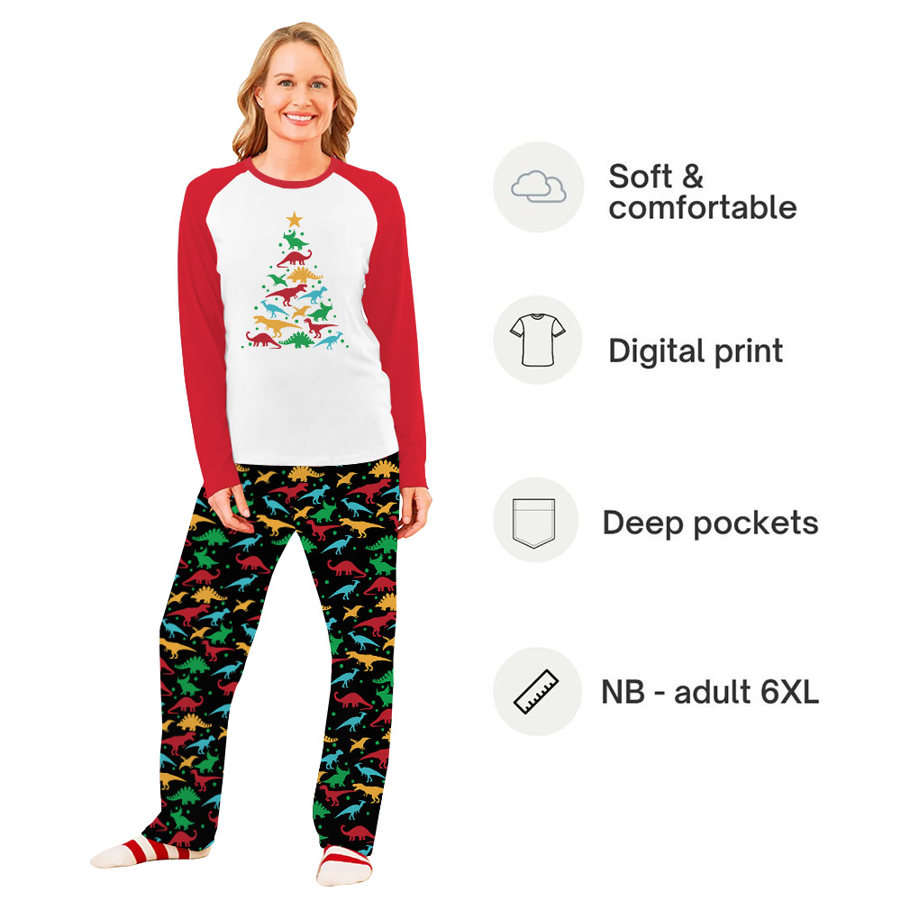 Festive Dinosaur Christmas Tree Pajamas For Family Red Black Festive Dinosaur Christmas Tree Pajamas For Family Red Black