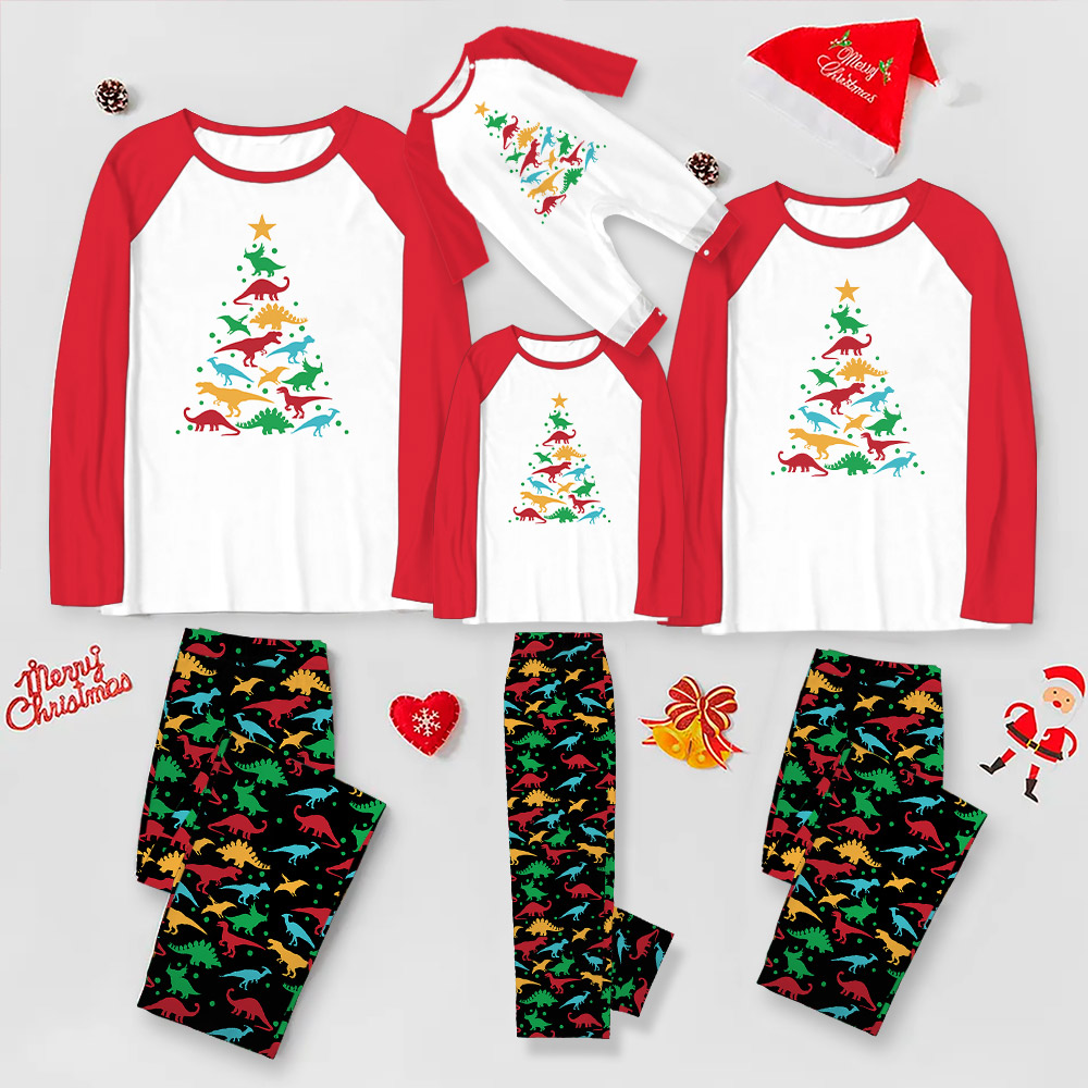 Festive Dinosaur Christmas Tree Pajamas For Family Red Black Festive Dinosaur Christmas Tree Pajamas For Family Red Black