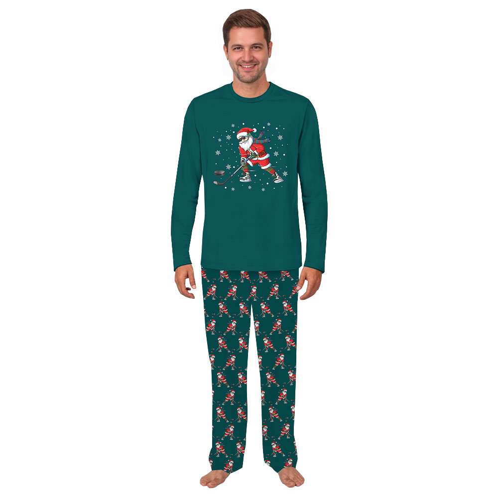 Festive Santa Playing Hockey Christmas Pajamas Green Festive Santa Playing Hockey Christmas Pajamas Green