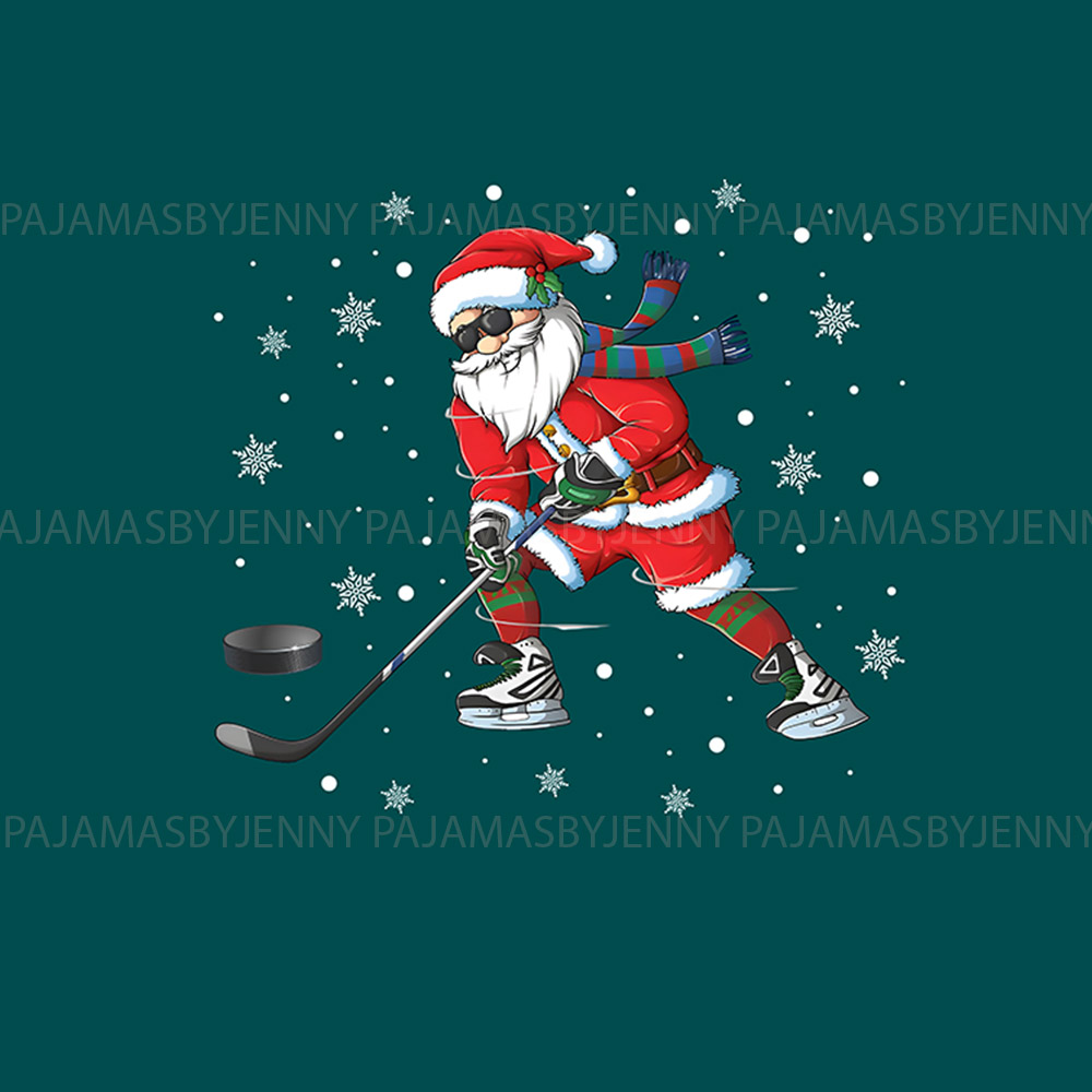 Festive Santa Playing Hockey Christmas Pajamas Green Festive Santa Playing Hockey Christmas Pajamas Green