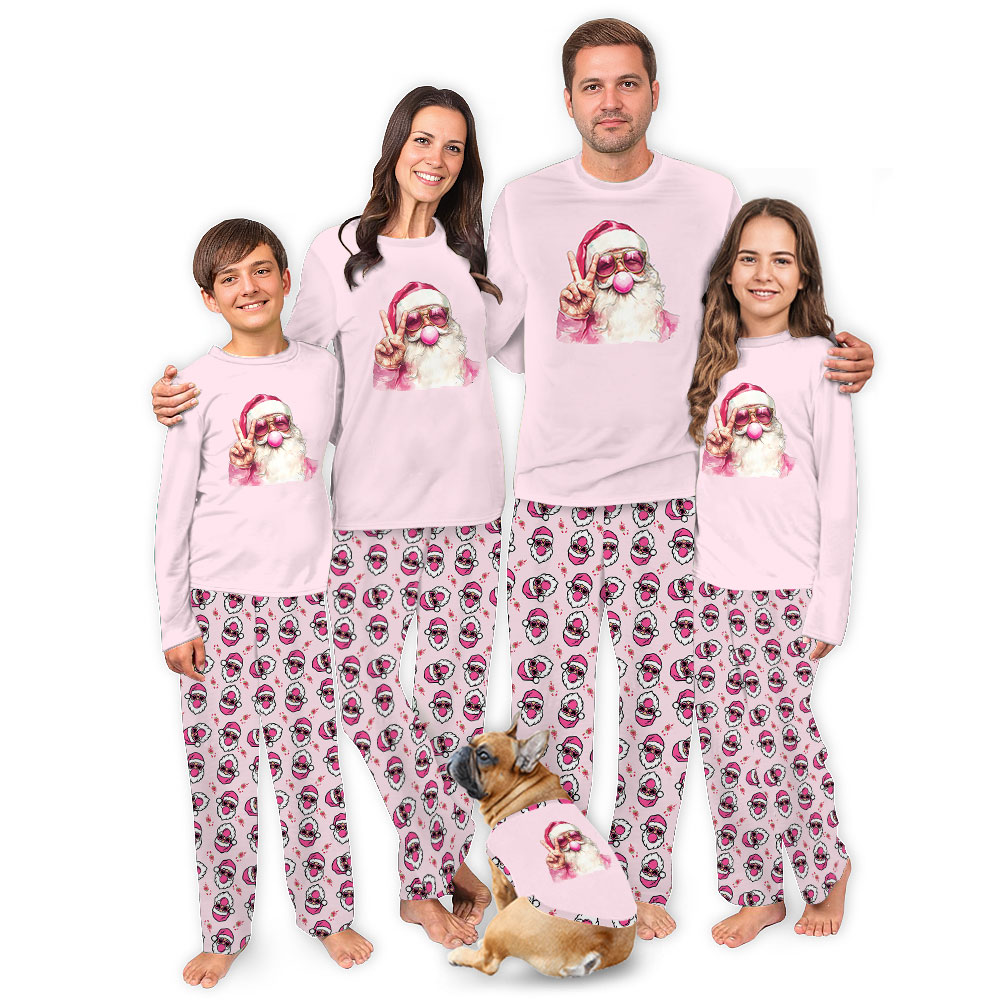 Retro Santa Christmas Blowing Bubble Christmas Pajamas Sets Pink