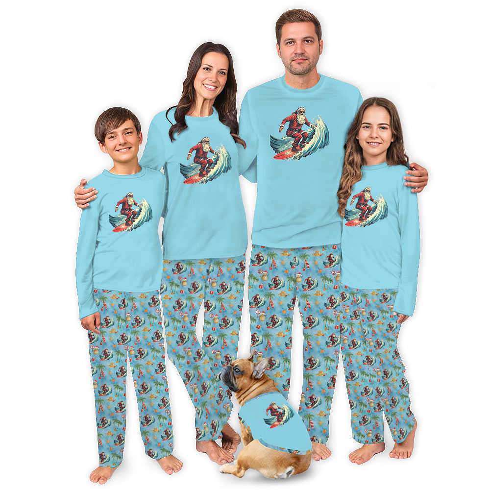 Cool Surfing Santa Christmas Pajamas With Beach Theme Cool Surfing Santa Christmas Pajamas With Beach Theme