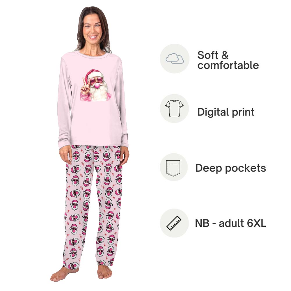 Retro Santa Christmas Blowing Bubble Christmas Pajamas Sets Pink