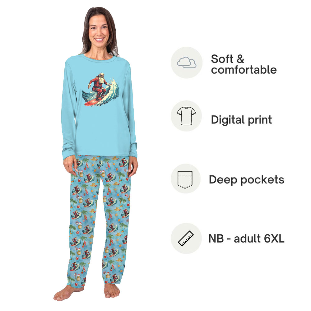 Cool Surfing Santa Christmas Pajamas With Beach Theme Cool Surfing Santa Christmas Pajamas With Beach Theme