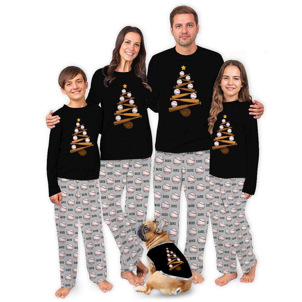 Personalized Name Christmas Baseball Tree Pajamas For Family Personalized Name Christmas Baseball Tree Pajamas For Family