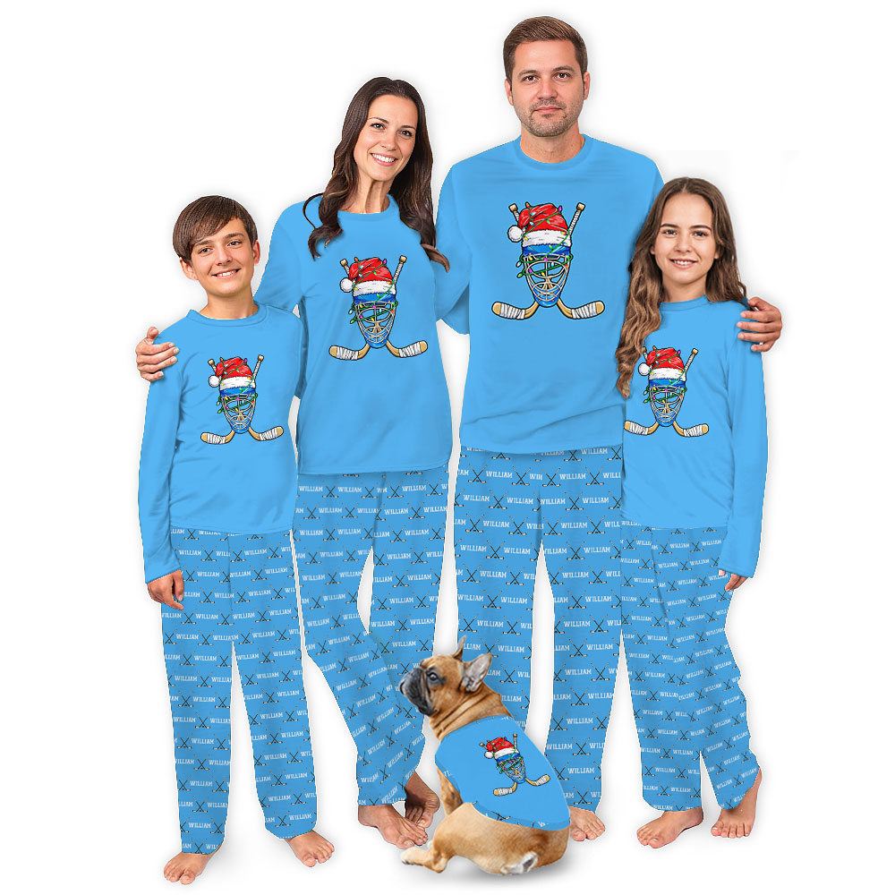 Personalized Name Christmas Hockey Pajamas With Santa Hat Personalized Name Christmas Hockey Pajamas With Santa Hat