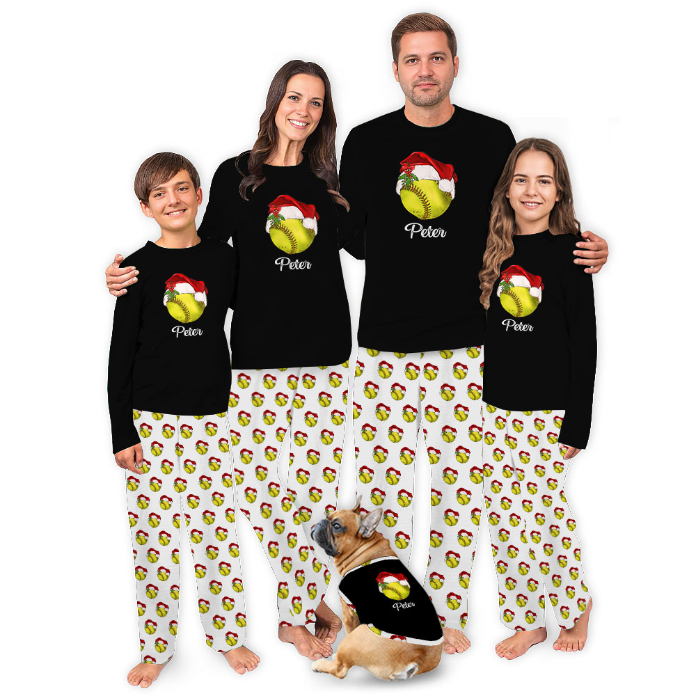 Personalized Name Softball Dog And Owner Matching Christmas Pajamas Personalized Name Softball Dog And Owner Matching Christmas Pajamas