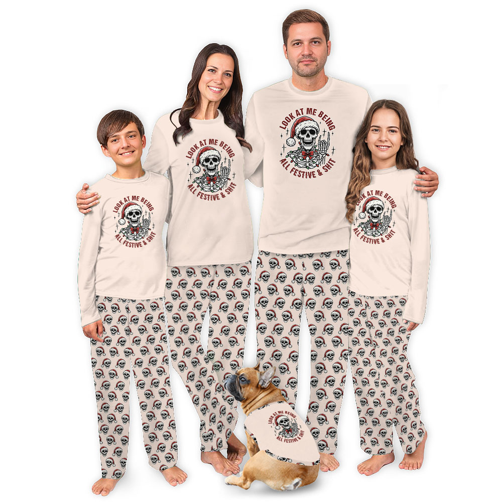 Funny Skeleton Family Matching Pajamas With Dog Funny Skeleton Family Matching Pajamas With Dog