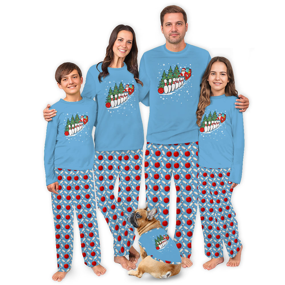 Santa Bowling Family Matching Pajamas With Dog Santa Bowling Family Matching Pajamas With Dog