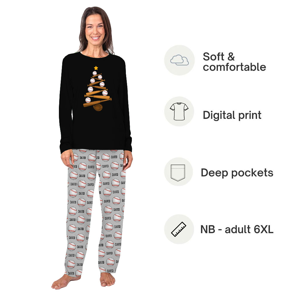 Personalized Name Christmas Baseball Tree Pajamas For Family Personalized Name Christmas Baseball Tree Pajamas For Family