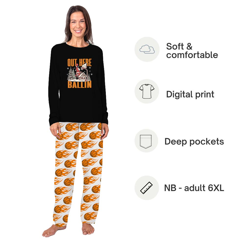 Festive Basketball Christmas Pajamas For Adults and Kids Sayings Out Here Ballin Festive Basketball Christmas Pajamas For Adults and Kids Sayings Out Here Ballin
