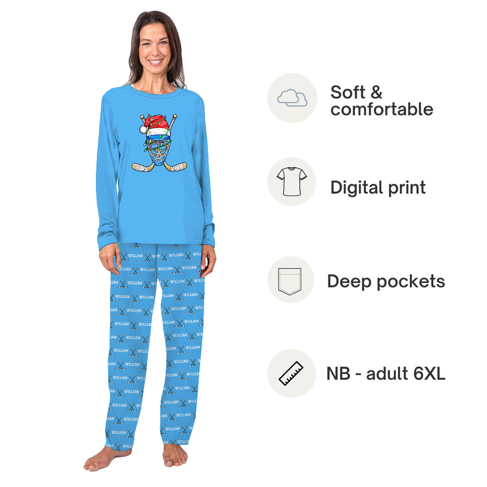 Personalized Name Christmas Hockey Pajamas With Santa Hat Personalized Name Christmas Hockey Pajamas With Santa Hat