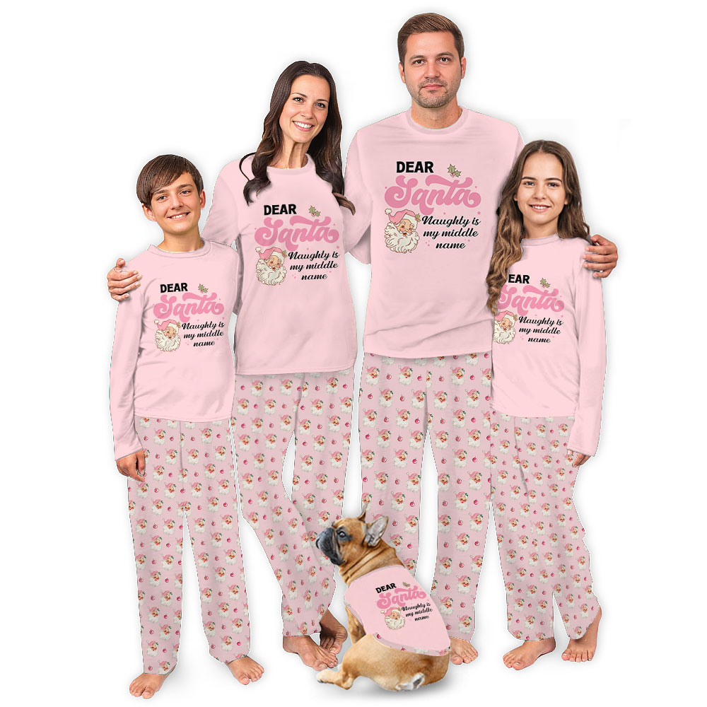 Personalized Dear Santa Pink Family Matching Pajamas With Dog Personalized Dear Santa Pink Family Matching Pajamas With Dog