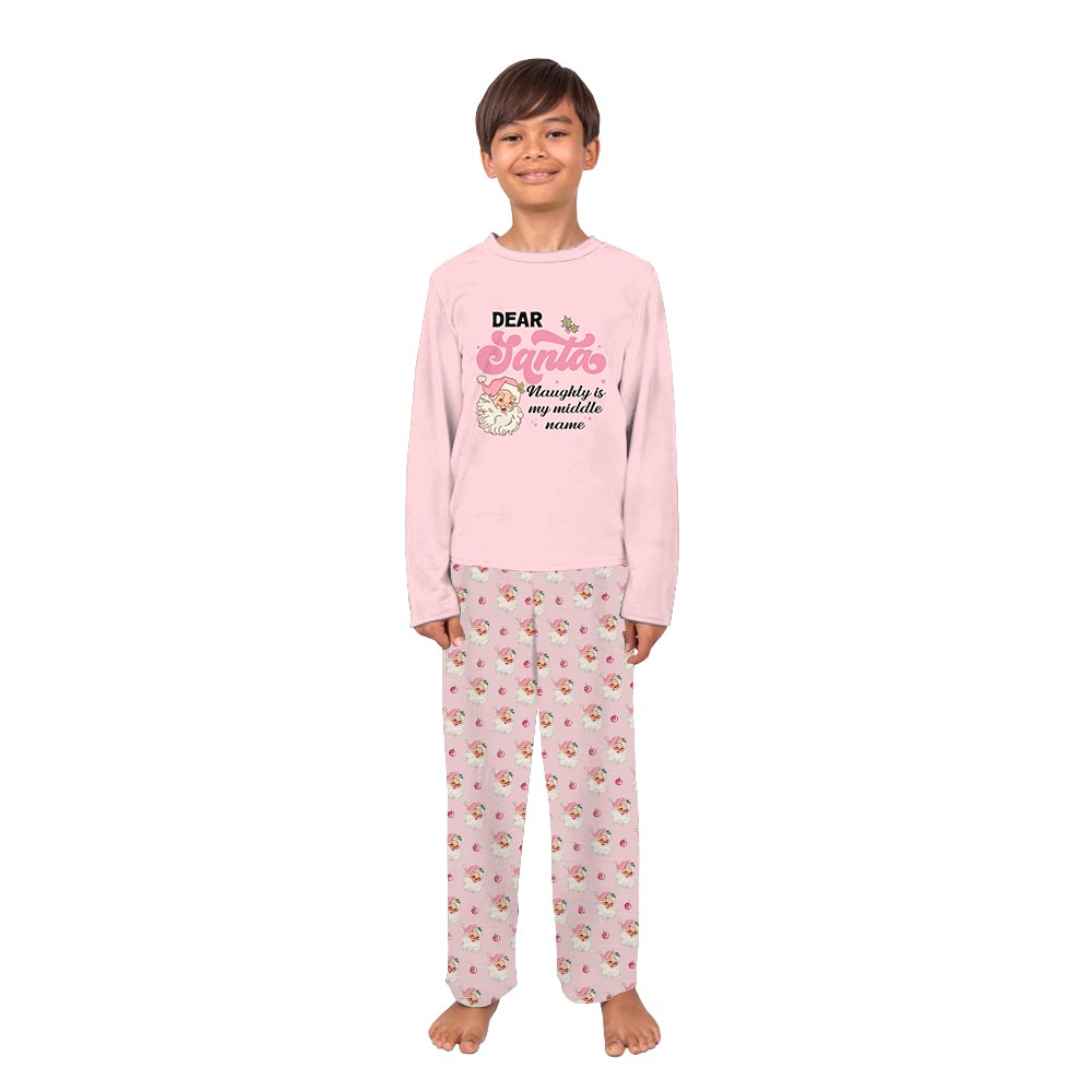 Personalized Dear Santa Pink Family Matching Pajamas With Dog Personalized Dear Santa Pink Family Matching Pajamas With Dog