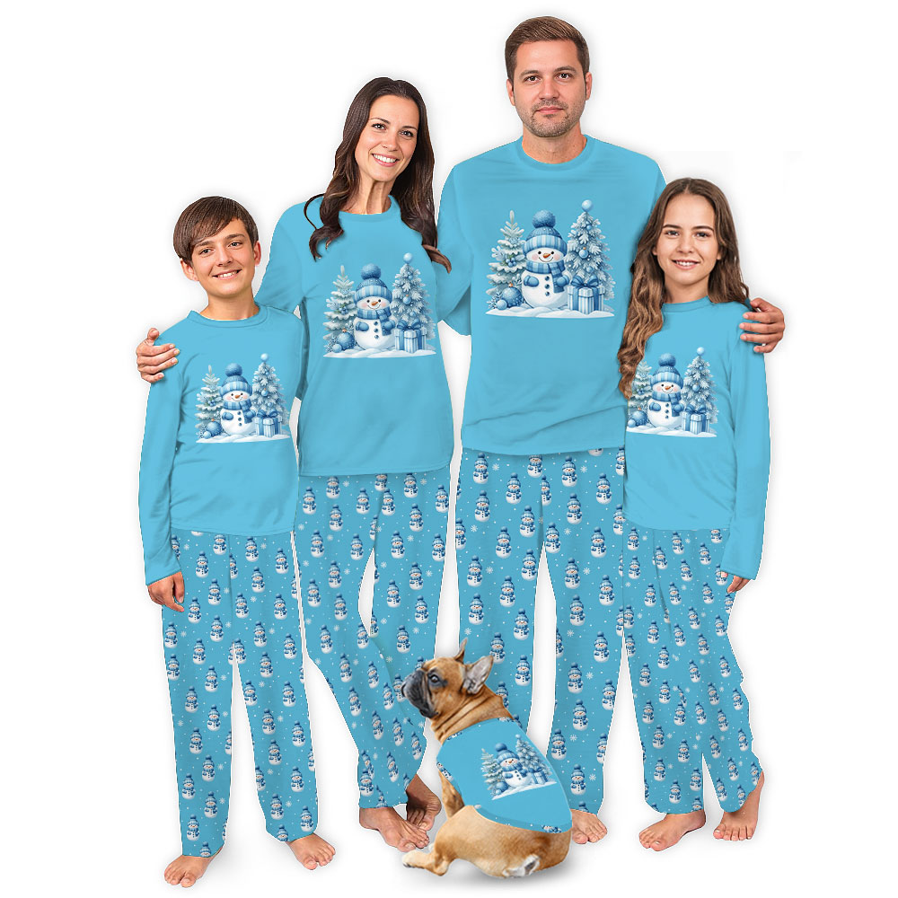 Festive Matching Family Blue Snowman Pajamas For Xmas Festive Matching Family Blue Snowman Pajamas For Xmas