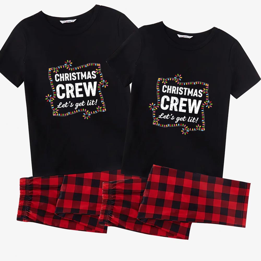 Short Sleeve Matching Holiday Pajamas Saying Christmas Crew Let's Get Lit Short Sleeve Matching Holiday Pajamas Saying Christmas Crew Let's Get Lit