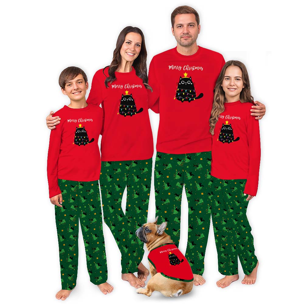 Festive Matching Black Cat Christmas Pajamas Sets Festive Matching Black Cat Christmas Pajamas Sets