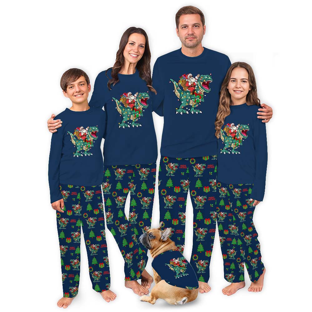 Funny Christmas Dinosaur With Santa Matching Dog And Owner Pajamas Funny Christmas Dinosaur With Santa Matching Dog And Owner Pajamas