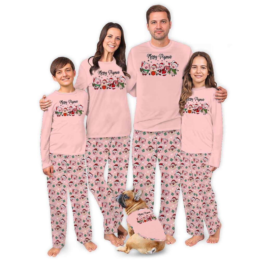 Pink Family Christmas Pajamas With Cute Pigs Pink Family Christmas Pajamas With Cute Pigs
