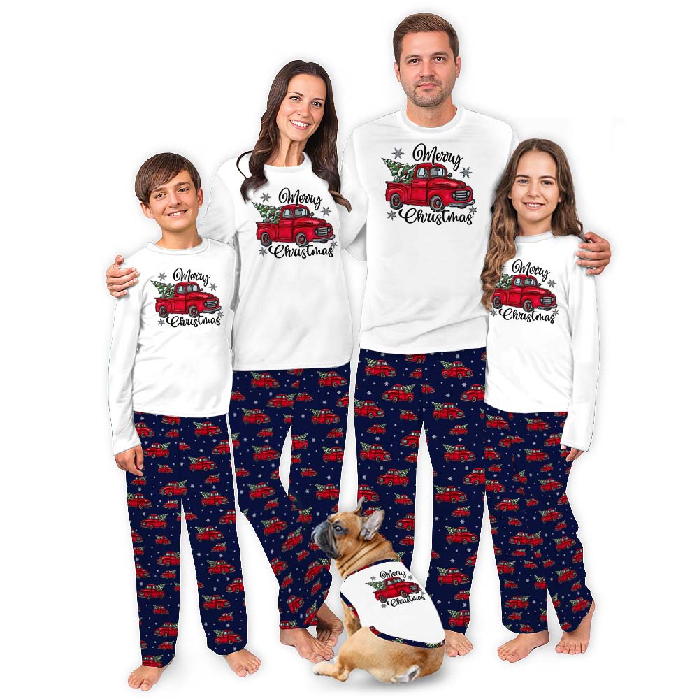 Matching Family Christmas Pajamas With Red Truck Print Matching Family Christmas Pajamas With Red Truck Print