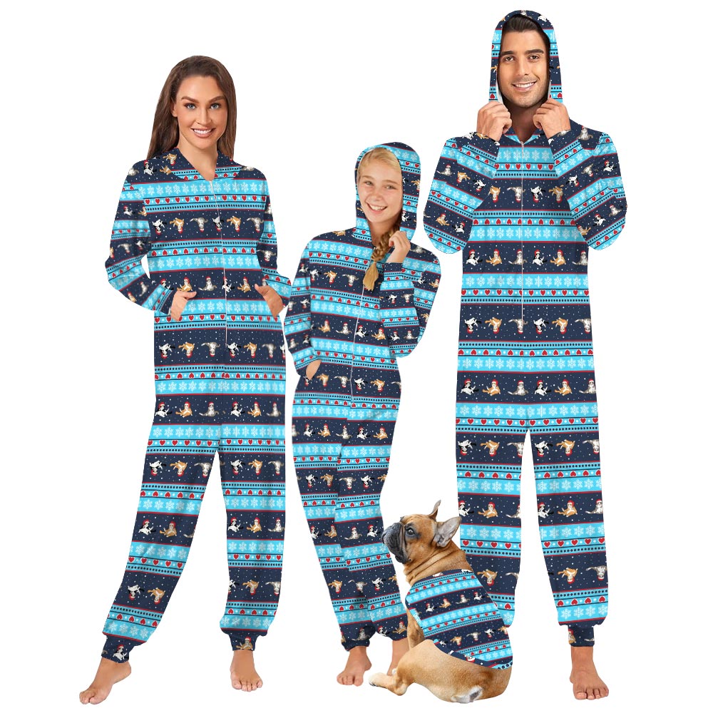 Cute Christmas Cat Family Pajama Onesies With Pockets Blue Cute Christmas Cat Family Pajama Onesies With Pockets Blue