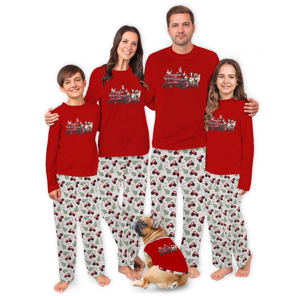 Farm Animal On Red Truck Christmas PJs Adults And Kids