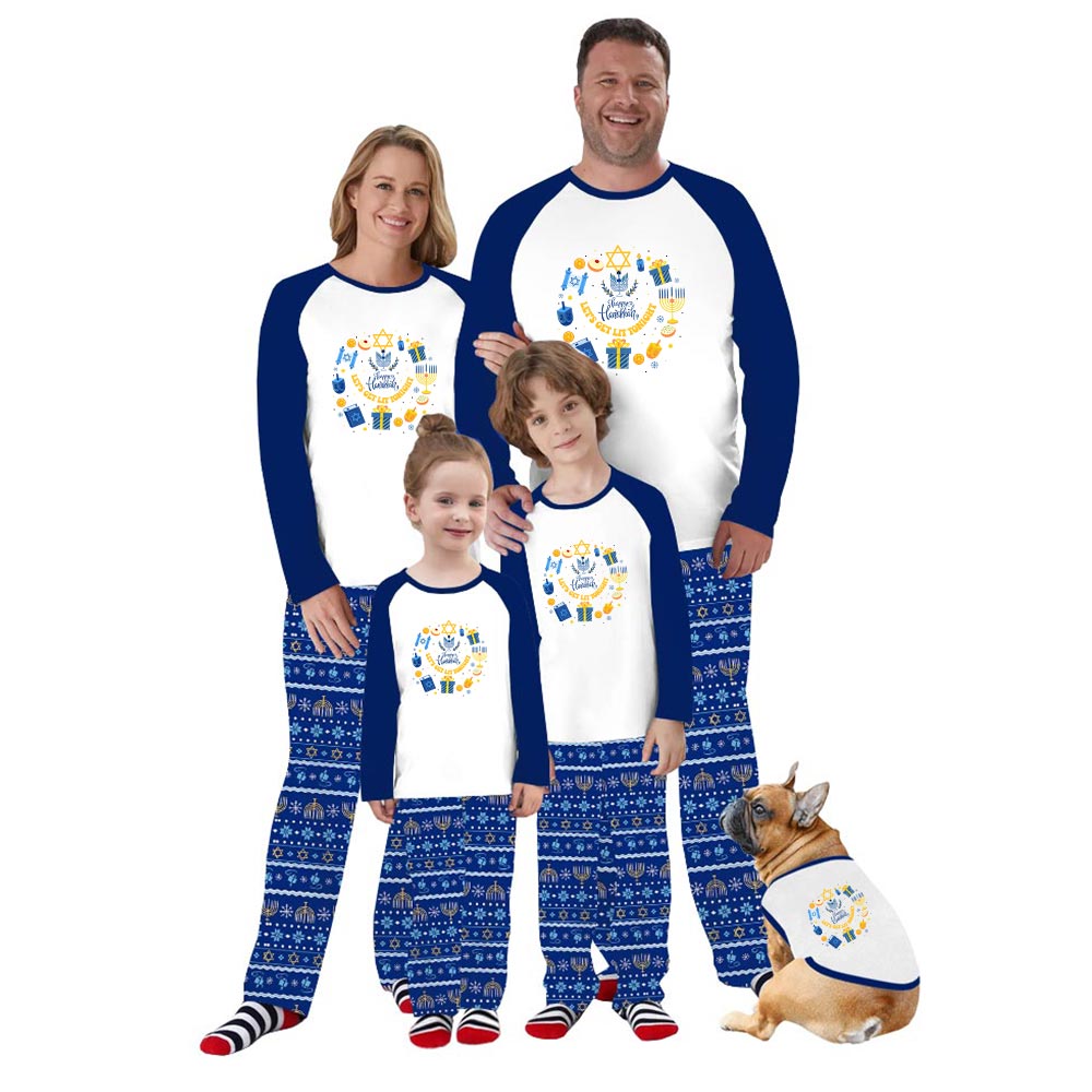 Festive Happy Hanukkah Family Matching Pajamas With Dog Festive Happy Hanukkah Family Matching Pajamas With Dog