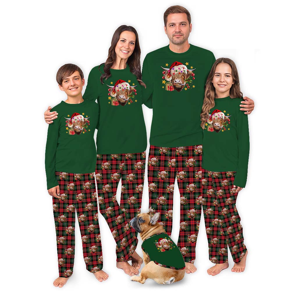 Funny Highland Cow Heifers Christmas Pajamas Holiday Green Red