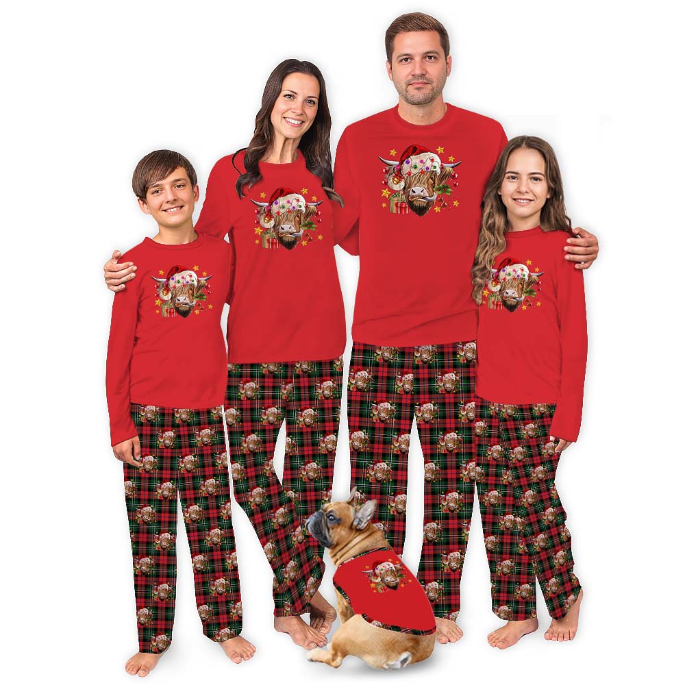 Festive Highland Cow Christmas PJs Sets Red Tartan Festive Highland Cow Christmas PJs Sets Red Tartan