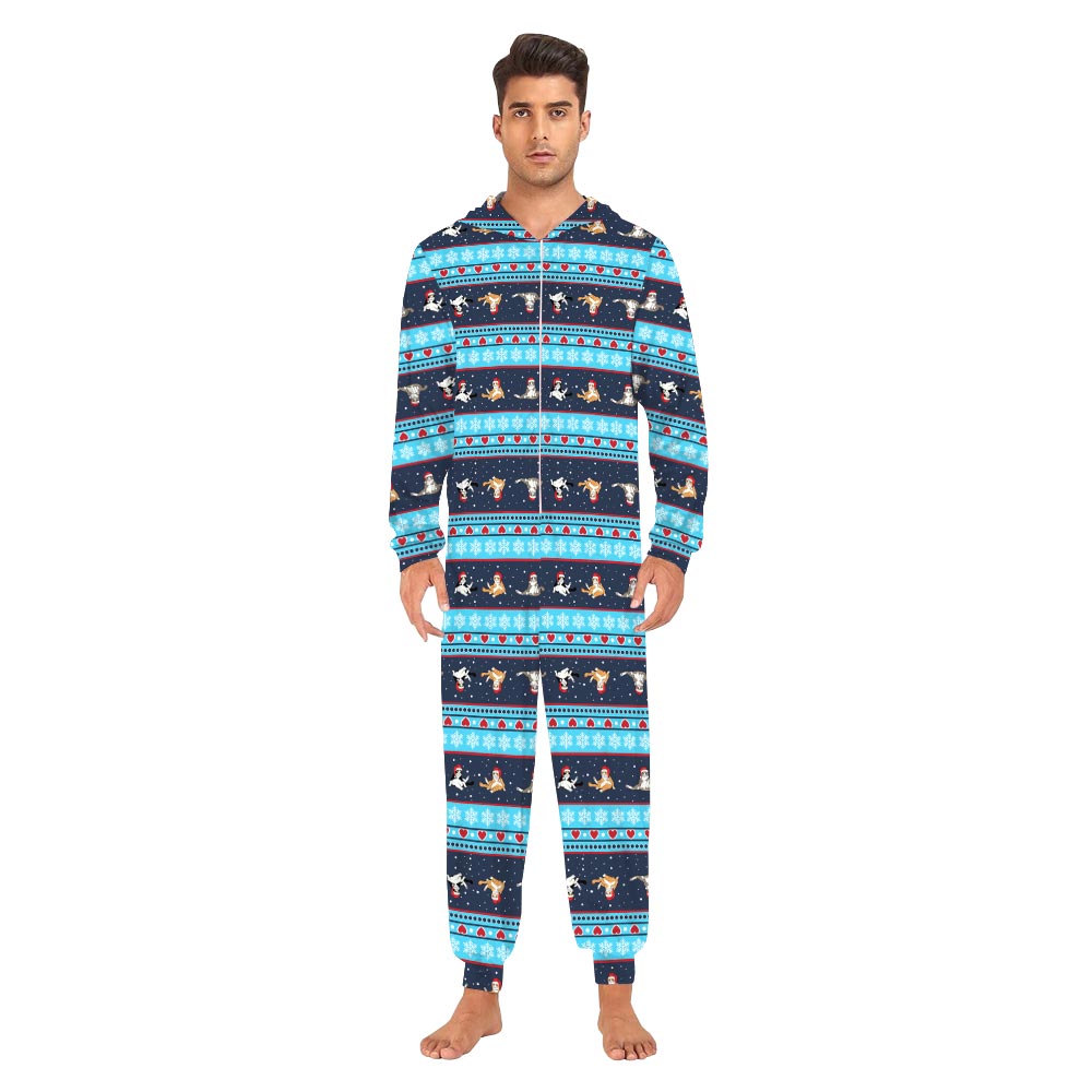 Cute Christmas Cat Family Pajama Onesies With Pockets Blue Cute Christmas Cat Family Pajama Onesies With Pockets Blue