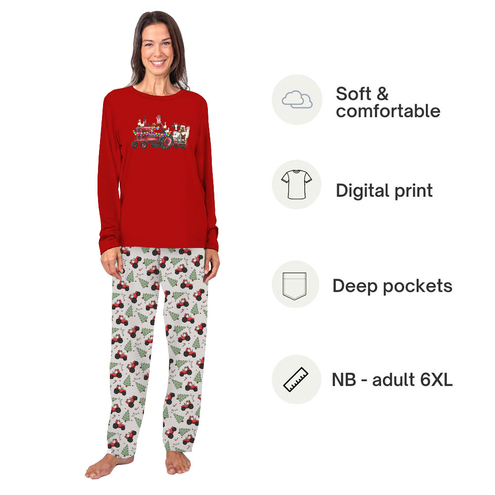 Farm Animal On Red Truck Christmas PJs Adults And Kids